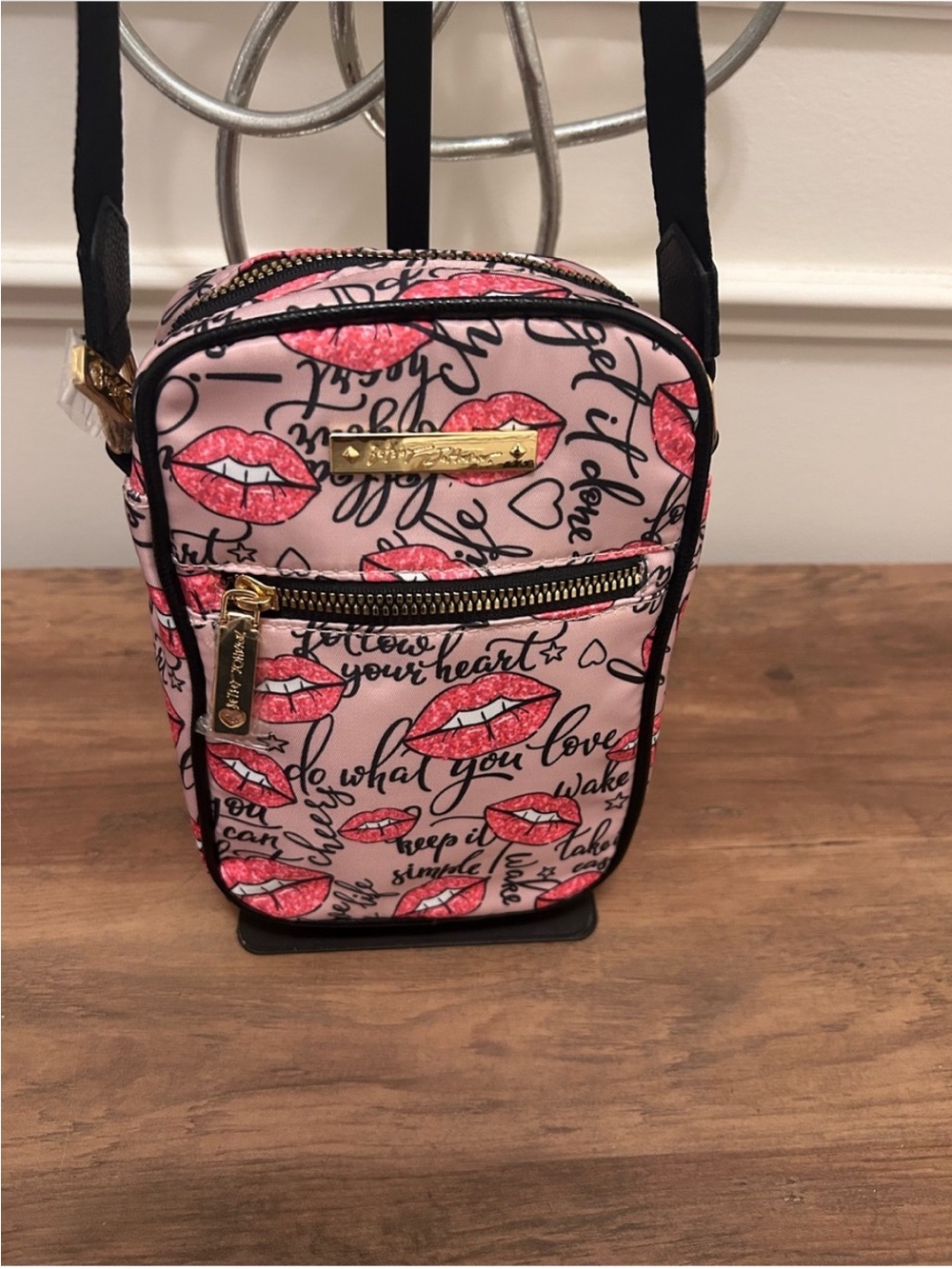 Betsy Johnson Pink Lip-Print Crossbody Phone Bag